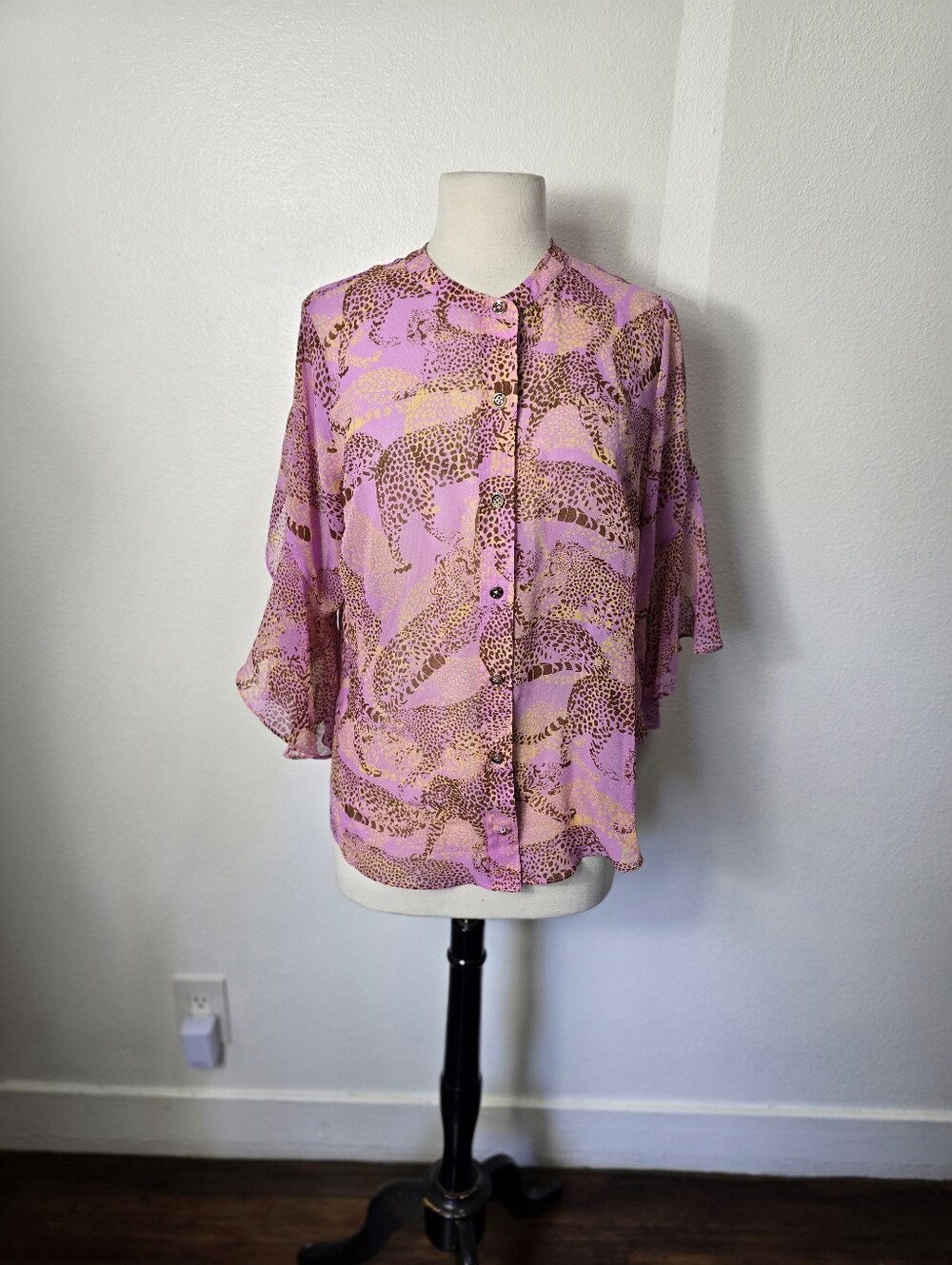 CAbi Pink and Gold Animal-Print Button Down Blouse